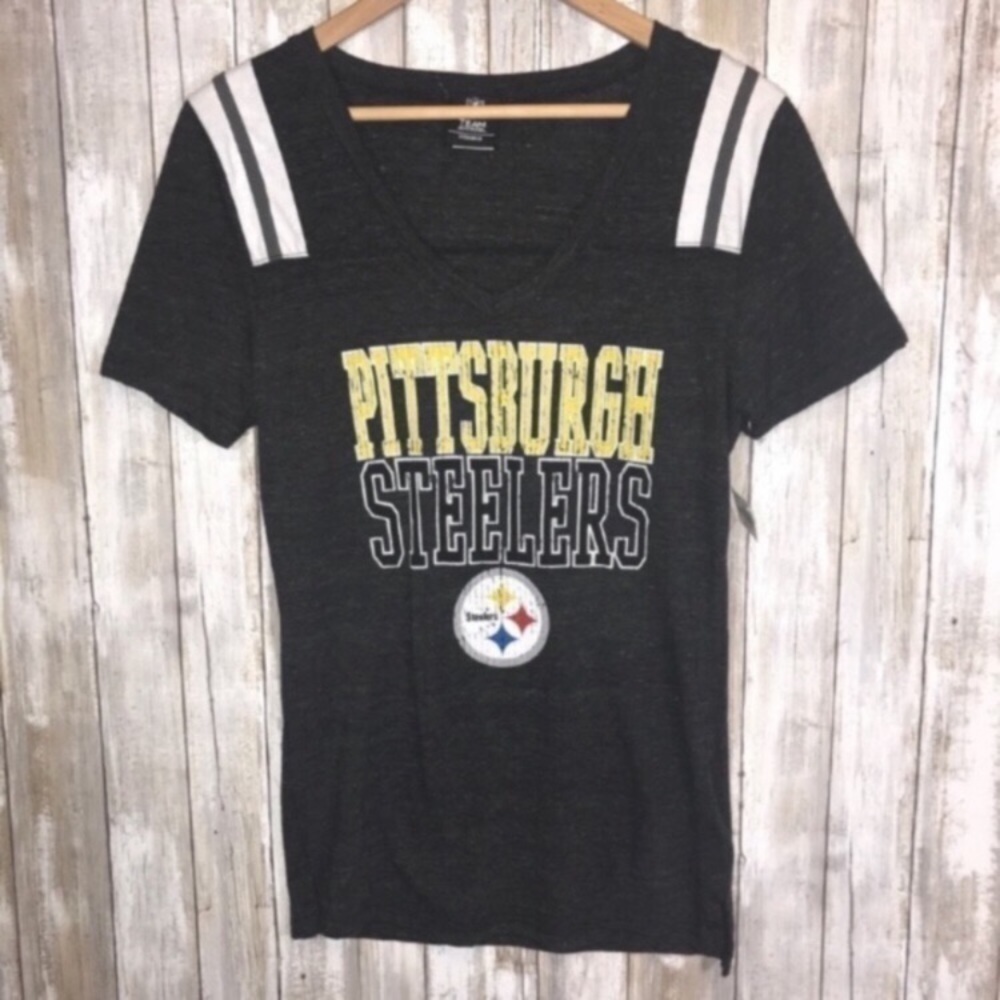 NWT NFL Pittsburgh Steelers Women’s Medium V Neck Tee Black Gold Striped Sleeve - Picture 6 of 6